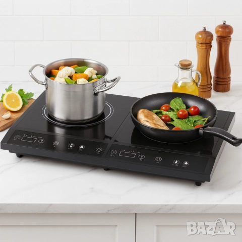 Двоен индукционен котлон Royalty Line RL-DIP4000.2 - 1400W+2000W, 80°C- 270°C, Кристална плоча, Тайм