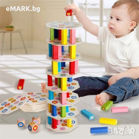 Дървена Дженга с цветни животни и зарчета, снимка 1