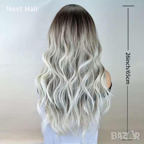 Чуплива сребристо-сива омбре перука с тъмни корени и дълъг бретон 65 см, снимка 6 - Аксесоари за коса - 53522743
