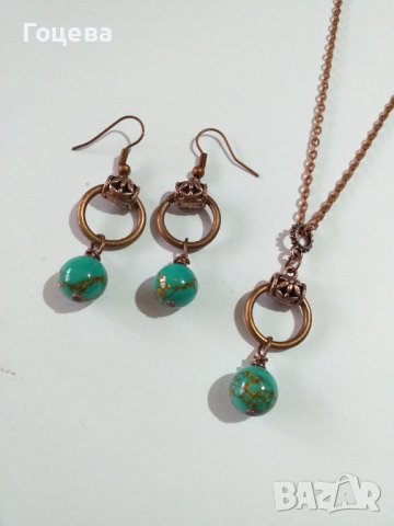 Красив комплект бижута с редките камъни зелен Азурит и медни орнаменти , снимка 4 - Бижутерийни комплекти - 38868260