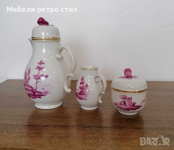 Ръчно рисуван порцеланов сервиз за кафе Purpur Camaieu. , снимка 2 - Сервизи - 53834361