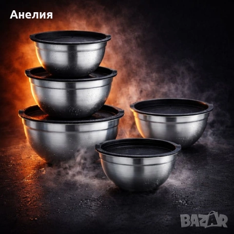 Комплект купи от неръждаема стомана 18/10 с капаци – 10 части, матово покритие, снимка 2 - Кутии за храна - 53350360