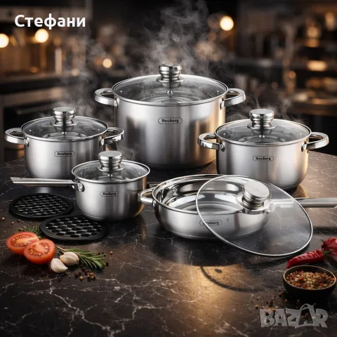 Комплект съдове Rosberg, 12 части, 2 подложки, Неръжд.стомана, снимка 3 - Съдове за готвене - 56180642