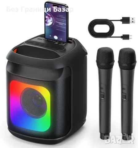 Нова Bluetooth караоке система с дълбок бас 2 микрофона AUX LED светлини за деца възрастни