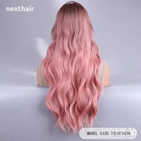 Розова омбре перука с тъмни корени и дълъг бретон, снимка 4 - Аксесоари за коса - 50304998