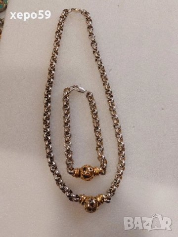 Прекрасна сребърна авторска дамска гривна и колие.Сребро проба 925,златни 9 каратови апликации, снимка 8 - Колиета, медальони, синджири - 52293101