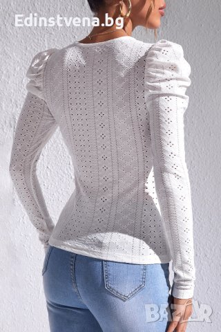 Дамска блуза в бяло с дълги бухнали ръкави, снимка 3 - Блузи с дълъг ръкав и пуловери - 44321233