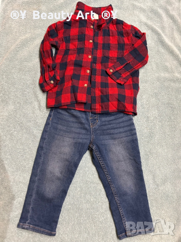 Дънки с червена риза HM, 86 (12-18), снимка 2 - Бебешки дънки - 44708552