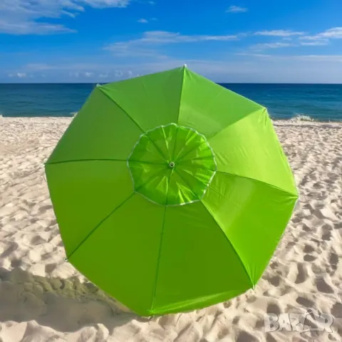 Кръгъл плажен чадър чупещ, зелен/син райе различни размери 1.7м, 2.00м, снимка 3 - Градински мебели, декорация  - 49465195