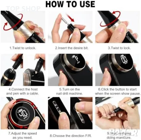 Нов Комплект Професионална електрическа пила за нокти 40000RPM, снимка 5 - Продукти за маникюр - 49343935