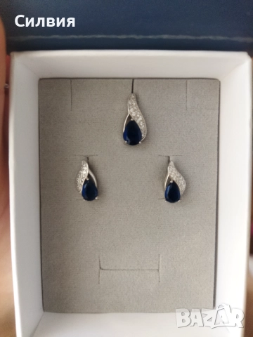 Сребърен комплект 925 обеци с висулка сапфир и цирконии 