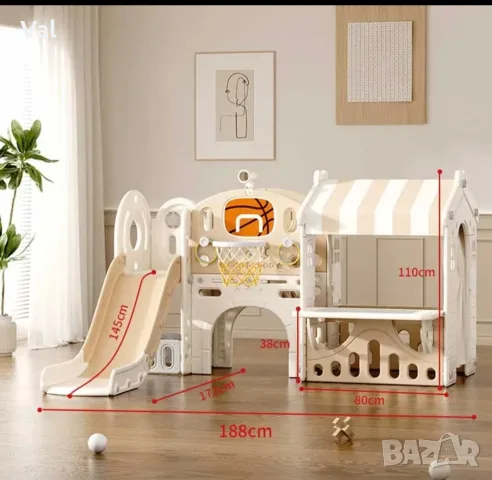 Детски център за игра с пързалка, къща и баскетболен кош, кафяв