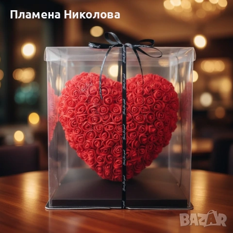 Декоративно сърце от изкуствени рози в подаръчна кутия, снимка 3 - Други - 53093497