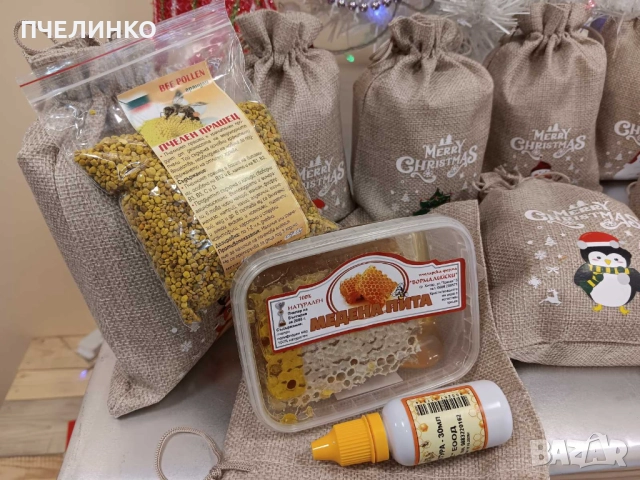 Коледно подаръчно чувалче – медена пита, клеева тинктура и пчелен прашец, снимка 2 - Коледни подаръци - 52453020