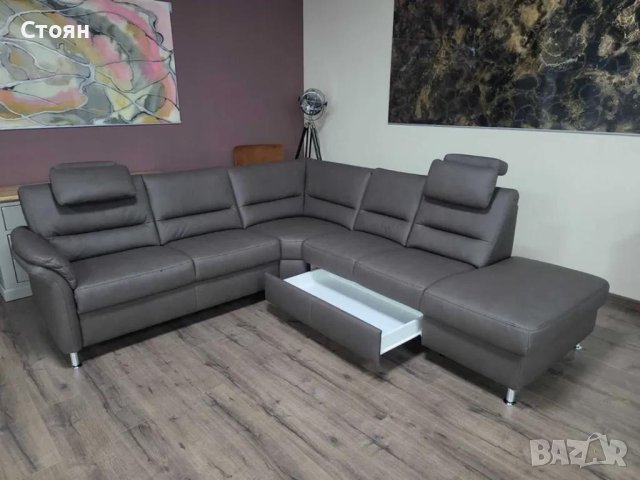 Сиво кафяв кожен ъглов диван цвят Нуга с чекмедже, снимка 4 - Дивани и мека мебел - 44244589