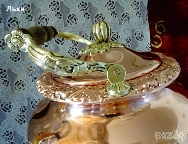 Меден чайник с кранче,диспенсър,стойка,спиртник,поднос. , снимка 4 - Антикварни и старинни предмети - 56009785