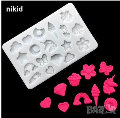 Микс еднорог дъга пеперуда облак звезда сладолед поничка цвете силиконов молд форма 