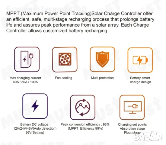 100А MPPT соларни контролери MUST 12/24/36/48V, снимка 6 - Друга електроника - 41934834