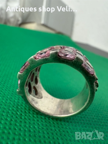 Сребърен пръсрен с розови скъпоценни камъни №7524 , снимка 4 - Антикварни и старинни предмети - 52131389
