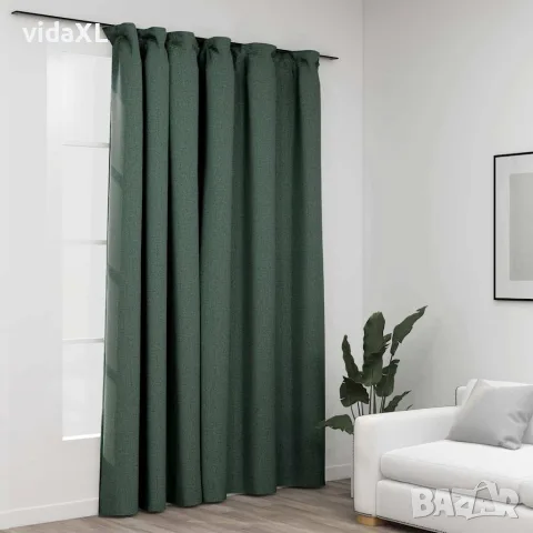vidaXL Затъмняваща завеса с куки, имитираща лен, зелена, 290x245 см, снимка 2 - Пердета и завеси - 56146724