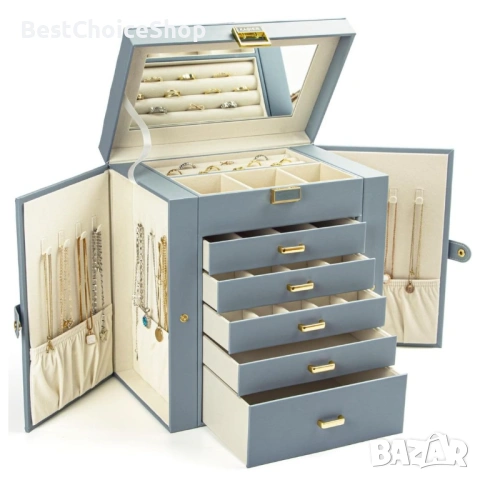 кутия за бижута 6-етажна от естествено дърво, кожа с огледало – XXL синьо-сиво, снимка 3 - Други - 53357861