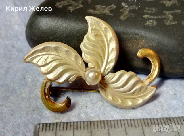 СТАРА ИЗЯЩНА ФЛОРАЛНА ПОЗЛАТЕНА ПЕРЛЕНА РЕТРО АРТ БРОШКА ФИНА РЪЧНА ИЗРАБОТКА 45677