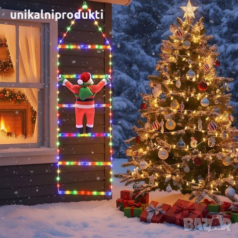 Светеща коледна украса стълба с катерещ се дядо коледа 1.5м два цвята 
