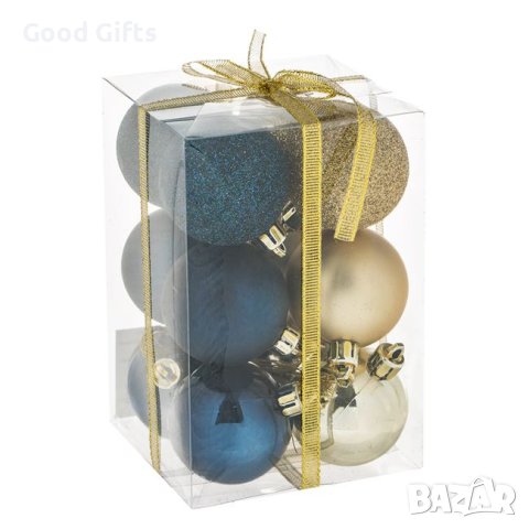 12 броя Комплект Коледни топки, Златни и Сини, 8см