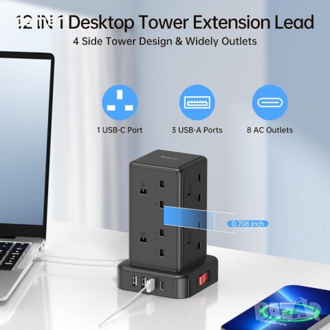 Удължителен кабел с 8 AC контакта и 4 USB порта, Sameriver [13A 3250W] – 3 м, снимка 4 - Друга електроника - 42284985