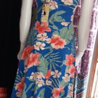 Асиметрична синя рокля в тропически принт розови цветя, снимка 2 - Рокли - 40454049