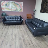 Италиански черен кожен комплект дивани тройка и двойка, снимка 3 - Дивани и мека мебел - 44297903