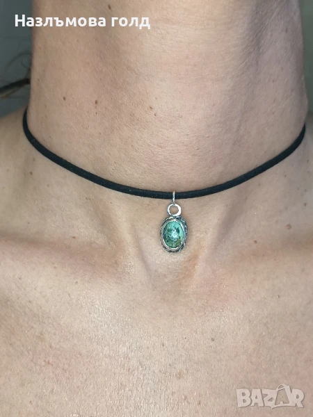 Сребърен чокър със зелен яспис, снимка 1