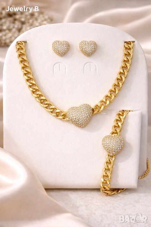Златисто колие, гривна и обици със сърца - Heart Glam Set, снимка 1