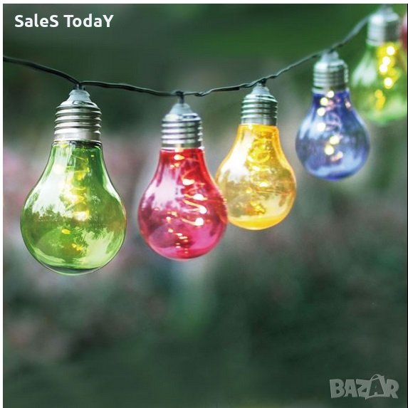 Градинско осветление, Гирлянд от соларни лампи, крушки за тераса, 10бр., 380м., снимка 1