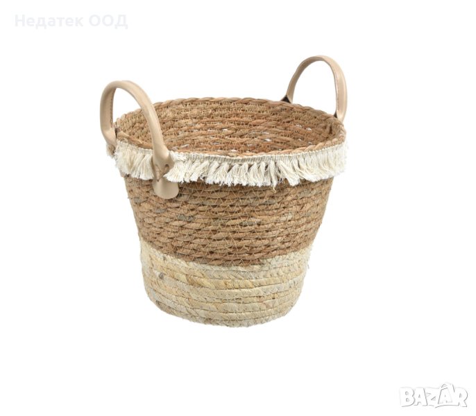 Плетена кошница, бежова, с плитка и дръжки, 23х20см, снимка 1