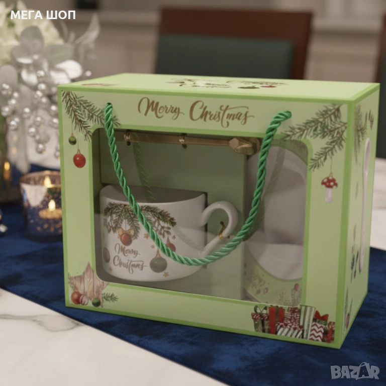 Коледен подаръчен комплект – Керамична чаша  с лъжичка и чинийка в празнична кутия, снимка 1