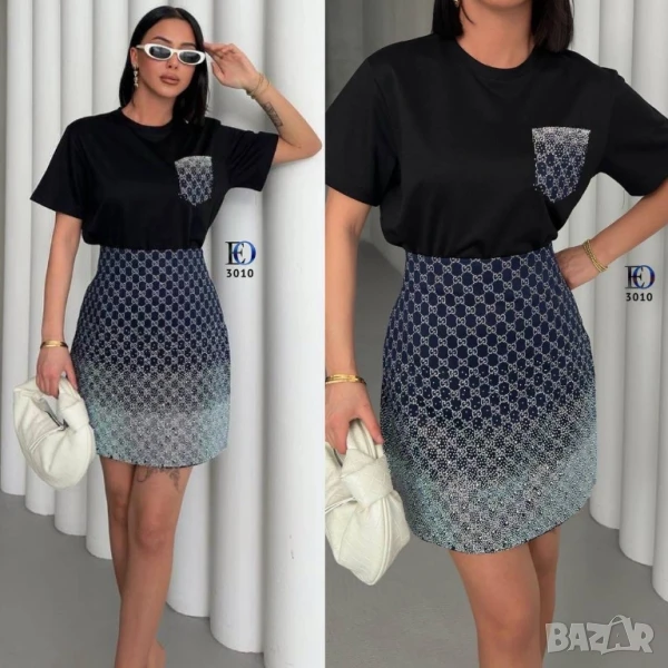 дамски комплекти с камъни тениска и пола gucci , снимка 1