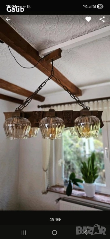 Красива масивна дървена лампа, абажур 6 светлини, немско производство, снимка 1