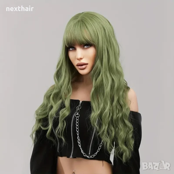 Зелена аниме къдрава перука с бретон, снимка 1