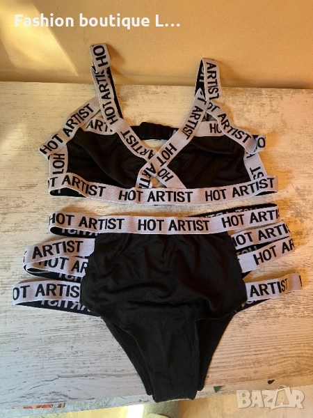 Нов комплект с черен цвят с бели еластични ленти с надпис hot artist 🖤🩶🤍🖤🩶🤍, снимка 1
