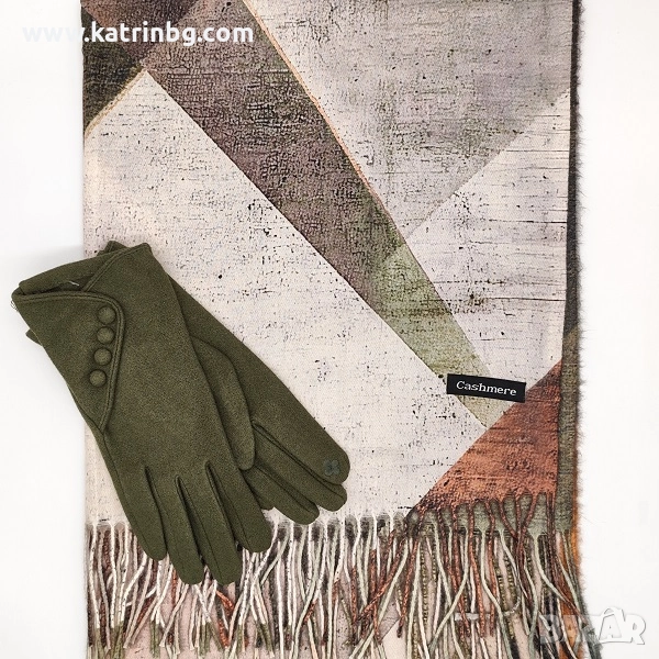 Комплект кашмирен шал на геометрични фигури и ръкавици в зелено-Елегантен Код на продукта:DAK-0022, снимка 1