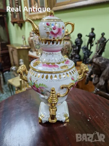 Рядък антикварен колекционерски руски съветски порцеланов самовар Гжель , снимка 2 - Антикварни и старинни предмети - 48353134