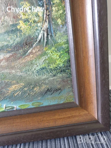 69х49см/голяма картина масло върху платно/джунгла/наколни къщи-дървета-река/дървена рамка, снимка 6 - Картини - 50896266