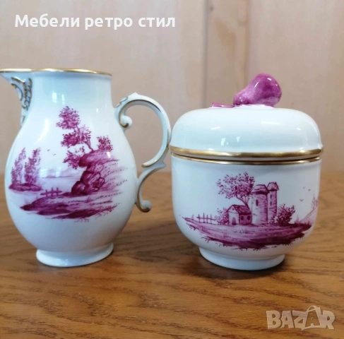 Ръчно рисуван порцеланов сервиз за кафе Purpur Camaieu. , снимка 8 - Сервизи - 53834361