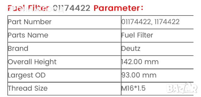 Горивен филтър Deutz 01174422, снимка 3 - Аксесоари и консумативи - 48430379