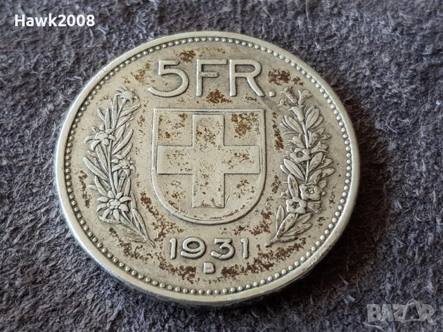 5 франка 1931 Швейцария СРЕБЪРНИ сребърна монета сребро, снимка 1
