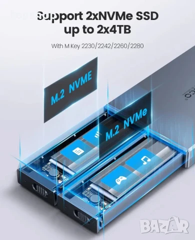 НОВА кутия за 2 NVMe M.2 SSD диска ORICO, USB 3.2 Gen2 10Gbps M.2 Type-C SSD, PCIe M-Key, B & M Key, снимка 3 - Кабели и адаптери - 50542648