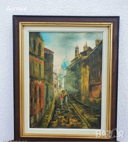 Красива Стара Картина Уличен Пейзаж Живопис Маслени Бои Дървена Рамка, снимка 3 - Антикварни и старинни предмети - 52566487