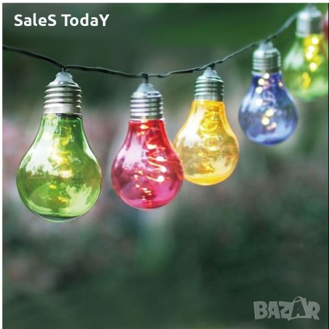 Градинско осветление, Гирлянд от соларни лампи, крушки за тераса, 10бр., 380м.