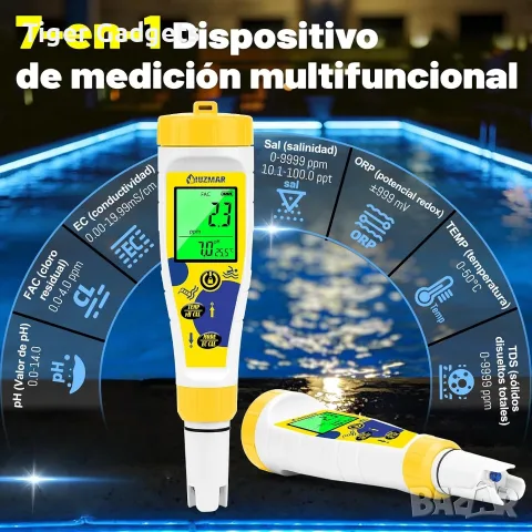 UIUZMAR 7-в-1 pH метър за вода – соленост, хлор, ORP, EC, TDS и температура, снимка 6 - Измервателни инструменти - 56224024